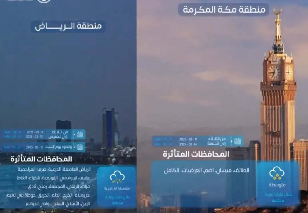 أمطار غزيرة على مكة المكرمة والرياض تستمر 6 أيام والأرصاد يحذر